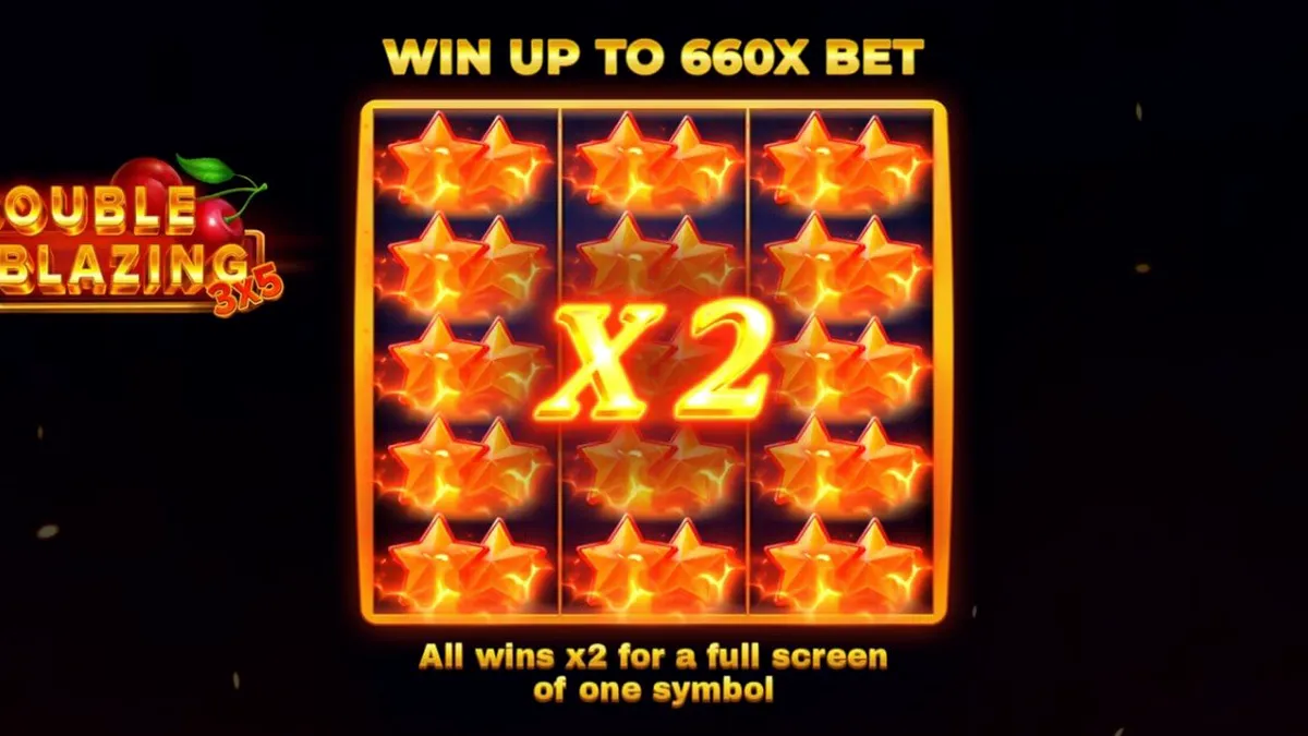 Interface do slot 3x5 Double Blazing com símbolos clássicos de frutas e fogo