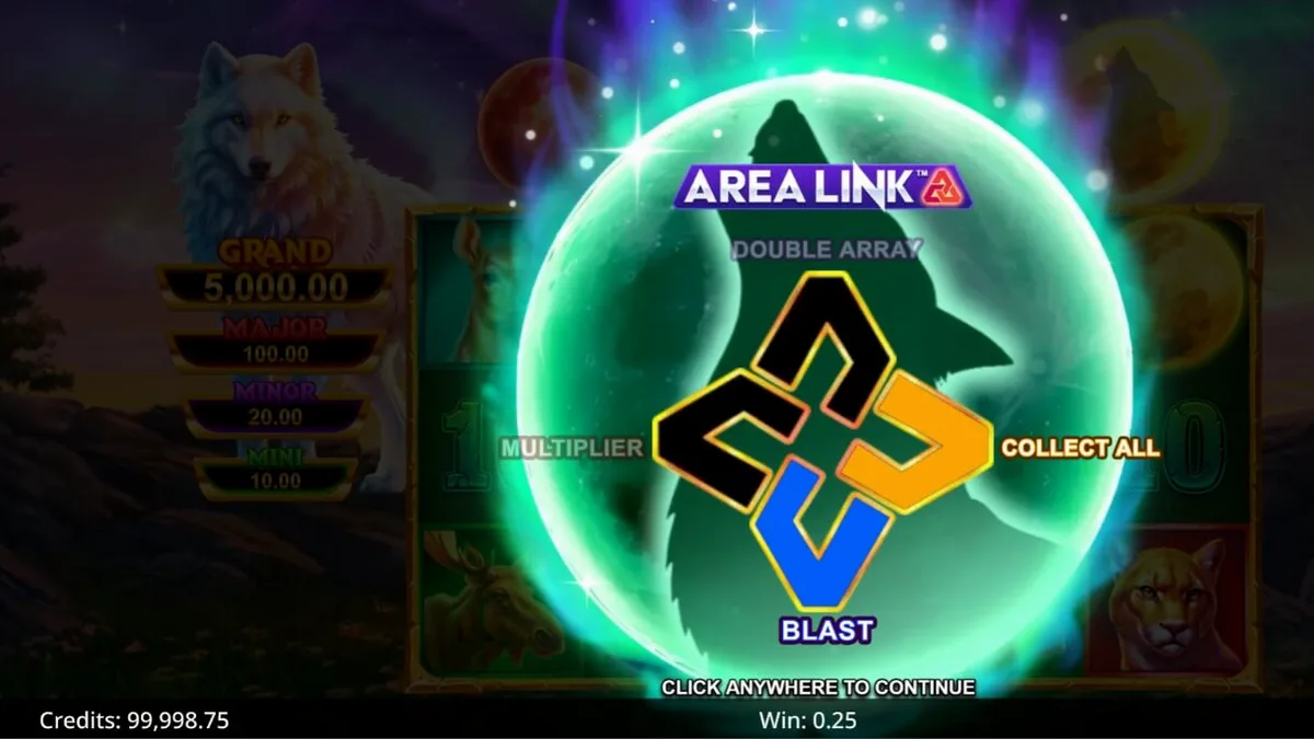 Cena noturna de lobos sob a aurora boreal em Area Link Wolf Unleashed